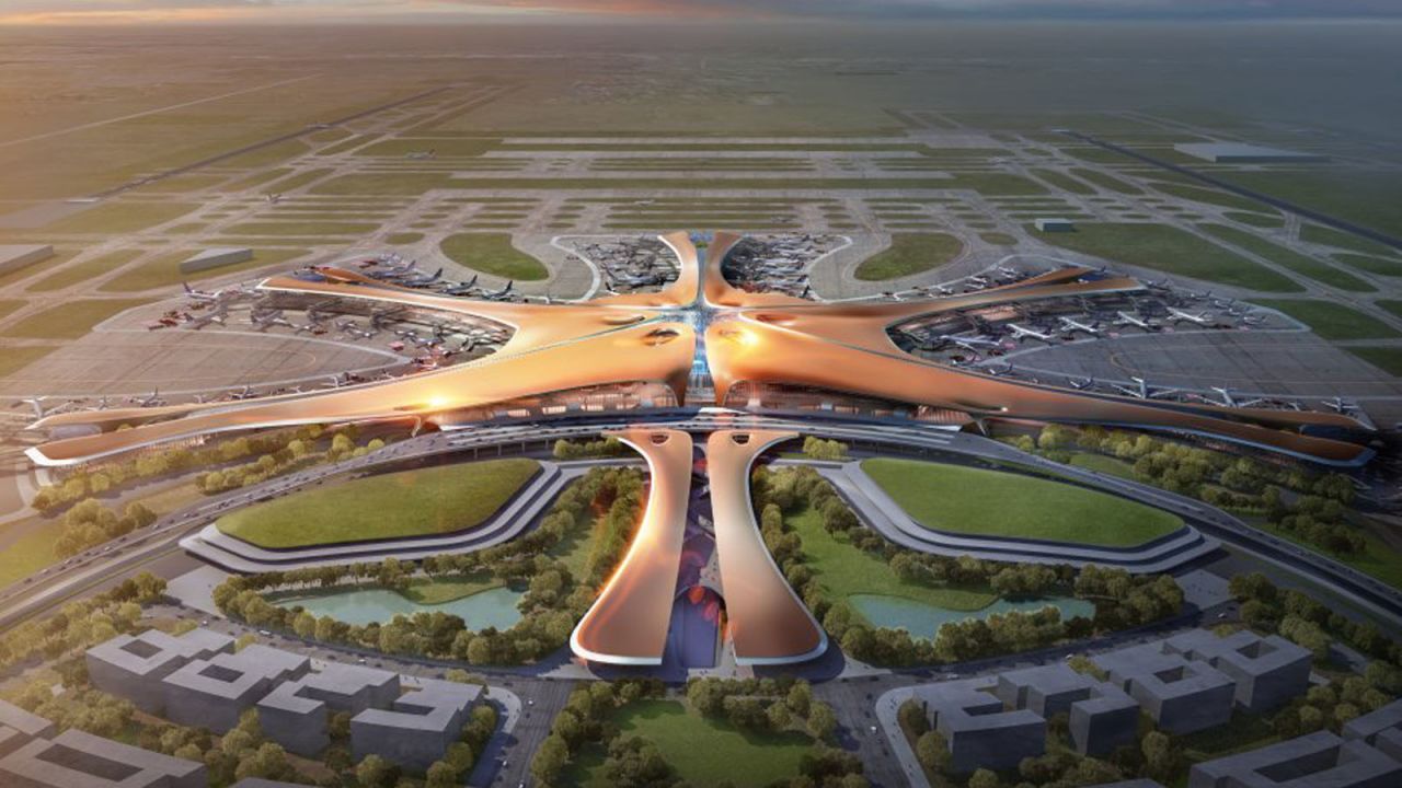 <strong>Bigger and better: </strong>In China, a country that's planning to build 136 new airports by 2025, a monster is emerging near the capital city. Daxing International Airport, pictured here in a rendering, is set to supersede Beijing Capital airport when it opens in 2019. 