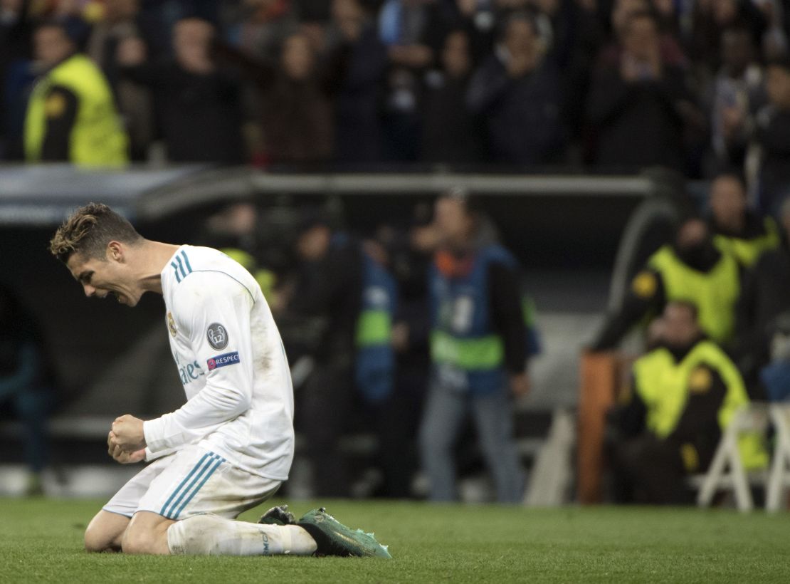 Real Madrid's Cristiano Ronaldo celebrates the club's progression to the Champions League semis.