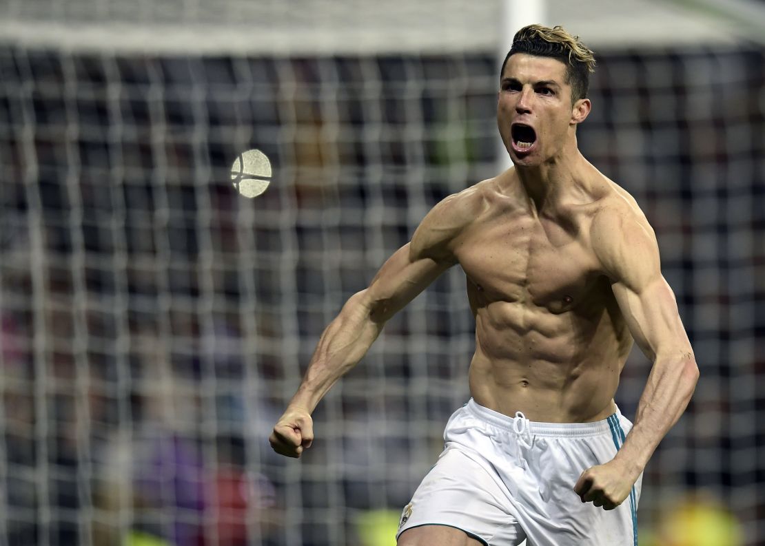 Cristiano Ronaldo celebrates after scoring the decisive goal for Real Madrid against Juventus. 