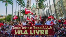 Supporters of Brazilian former president Luiz Inacio Lula da Silva hold a demonstration outside of Se Cathedral in Sao Paulo, Brazil on April 11, 2018. (Photo by Cris Faga/NurPhoto/Sipa USA)