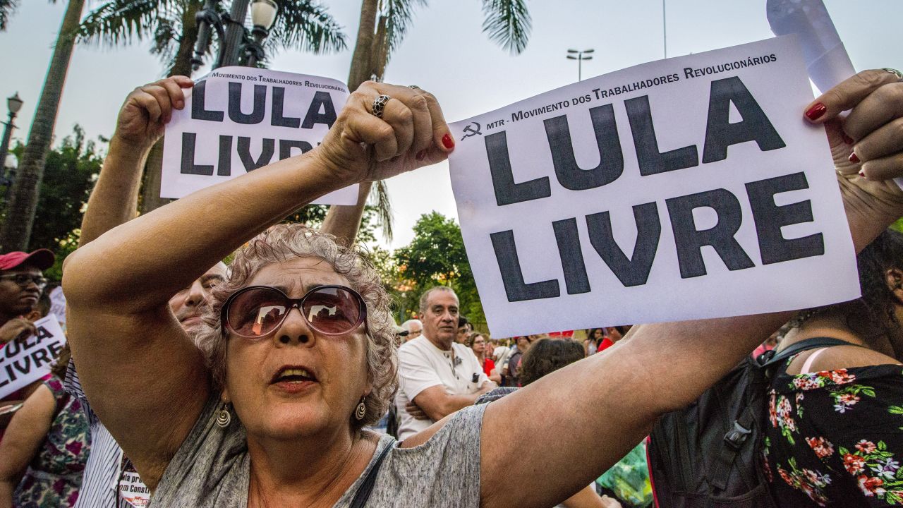 Supporters of former Brazilian President Luiz Inacio Lula da Silva demonstrate in Sao Paulo, Brazil, on Wednesday.