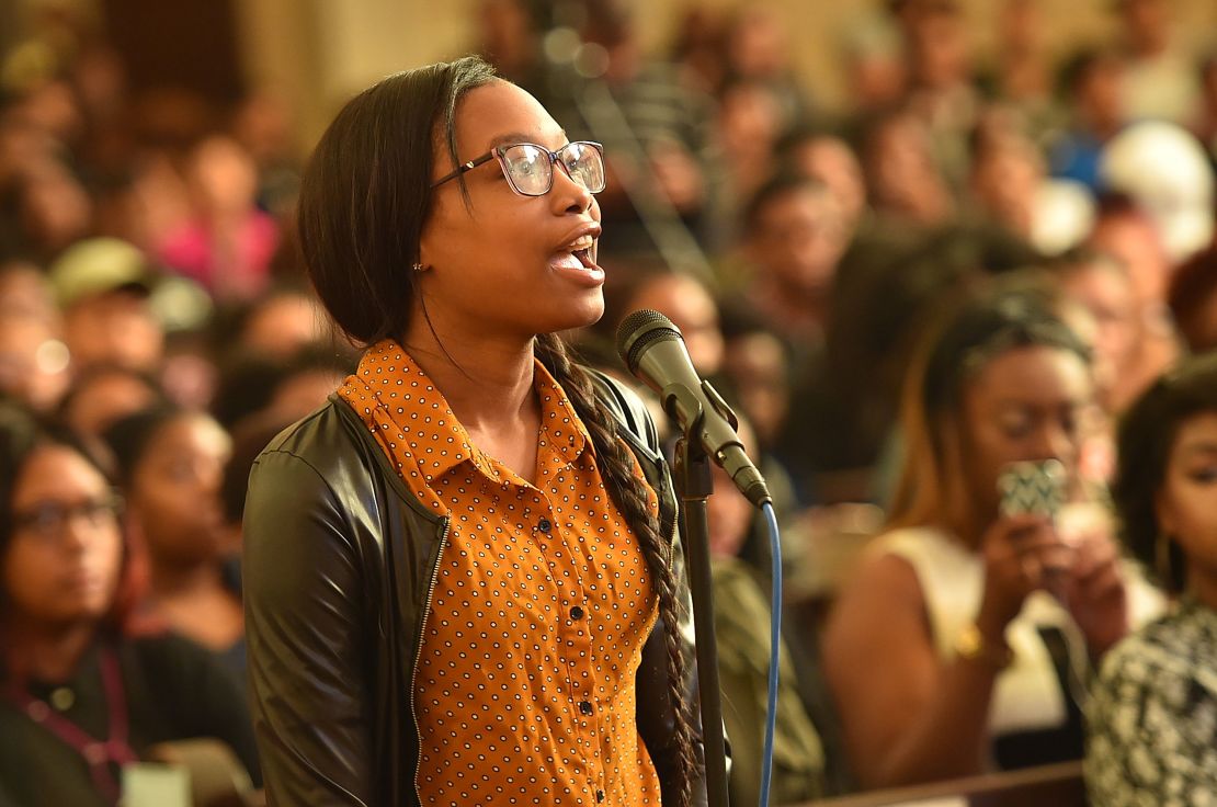 A Spelman College student speaking at an event in November 2016 on the school's campus in Atlanta.