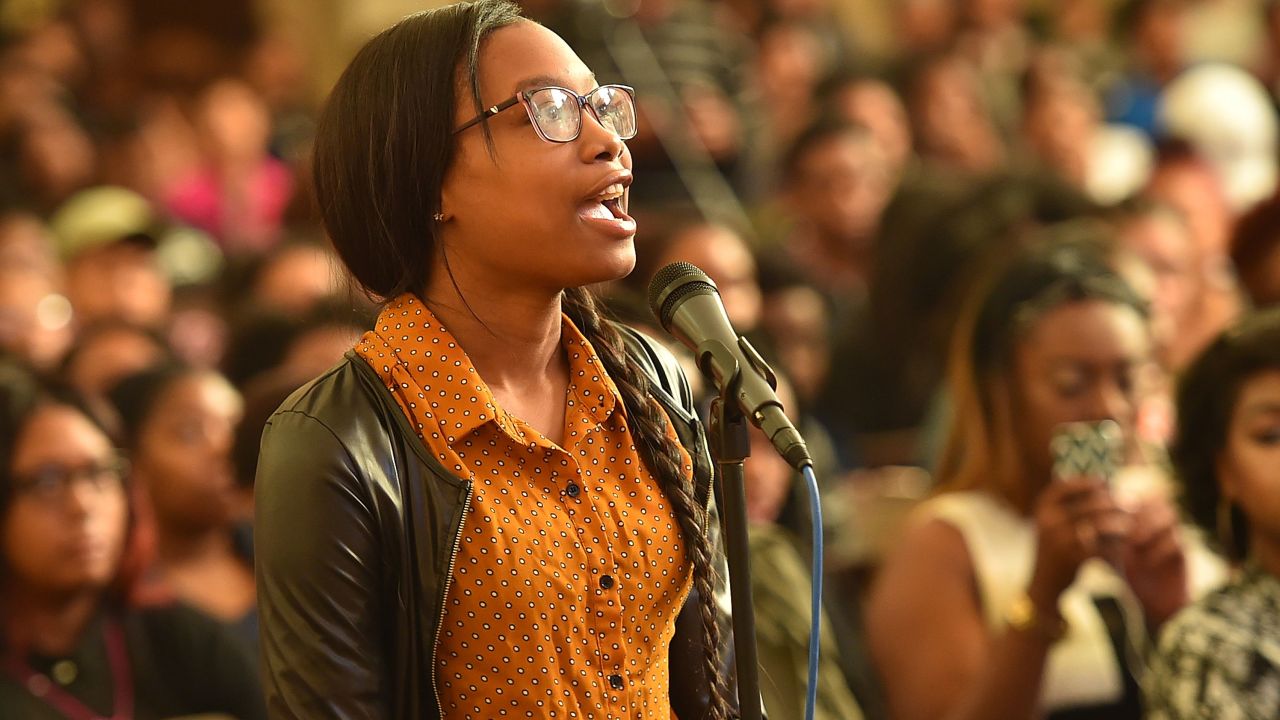 A Spelman College student speaking at an event in November 2016 on the school's campus in Atlanta.