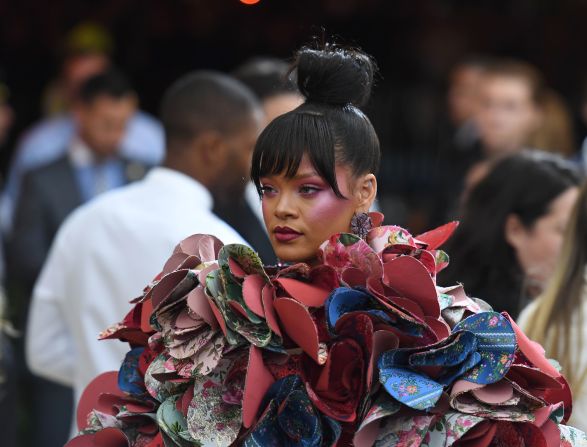 Rihanna is pictured at the Met Gala in 2017, which was inspired by designer Rei Kawakubo and her Comme des Garcons label. 