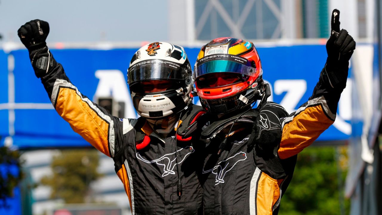 SANTIAGO, CHILE - FEBRUARY 3: In this handout provided by FIA Formula E - Jean-Eric Vergne (FRA), TECHEETAH, Renault ZE 17 congratulates his team mate Andre Lotterer (BEL), TECHEETAH, Renault ZE 17 during the Santiago ePrix, Round 4 of the 2017/18 FIA Formula E Series on February 3, 2018 in Santiago, Chile. (Photo by Sam Bloxham/LAT Images/FIA Formula E via Getty Images)