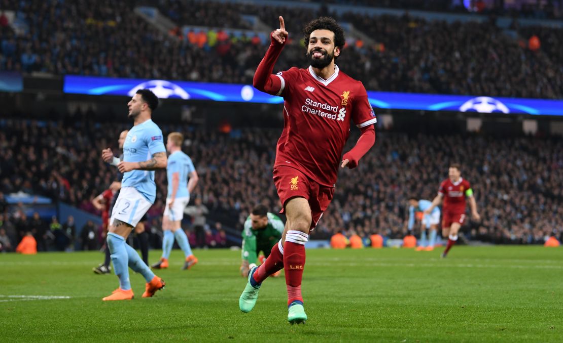 Mohamed Salah celebrates after scoring Liverpool's first goal during the Champions League quarterfinal second Leg against Manchester City.
