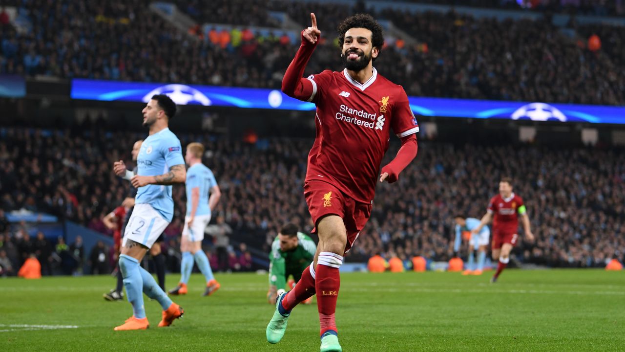 Salah celebrates after scoring against Manchester City in the quarterfinal second leg.