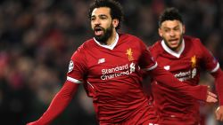 LIVERPOOL, ENGLAND - APRIL 04:  Mohamed Salah of Liverpool celebrates after scoring his sides first goal during the UEFA Champions League Quarter Final Leg One match between Liverpool and Manchester City at Anfield on April 4, 2018 in Liverpool, England.  (Photo by Shaun Botterill/Getty Images)