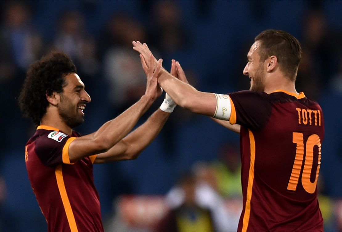 Mohamed Salah (L) spoke glowingly of former teammate Totti.