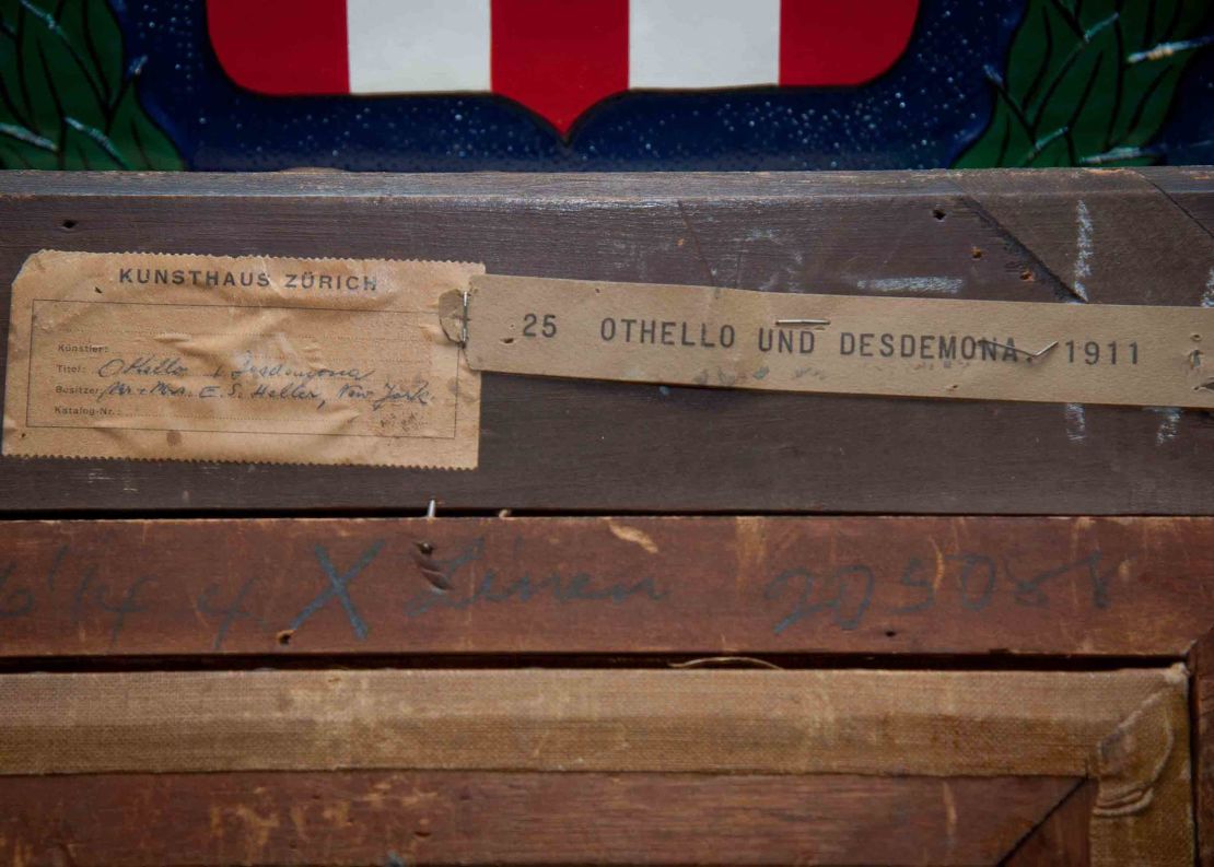 The artwork "Othello and Desdemona," which was taken from a New York apartment during a heist in 1988. A label, found on the back of the painting, says that artwork was exhibited at the Kunsthaus Zurich museum in Switzerland