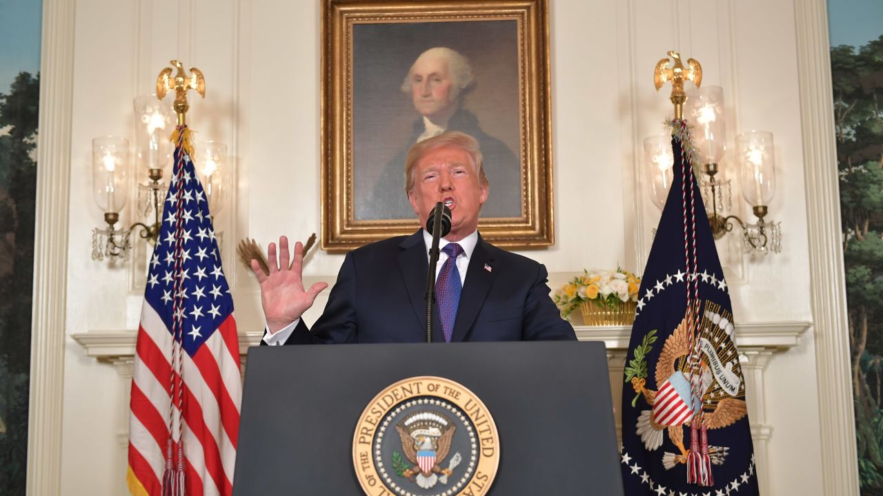 US President Donald Trump addresses the nation on the situation in Syria April 13, 2018 at the White House in Washington, DC. Trump said strikes on Syria are under way.  / AFP PHOTO / Mandel NGAN        (Photo credit should read MANDEL NGAN/AFP/Getty Images)