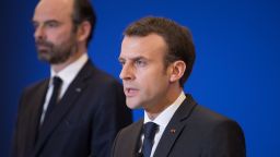 French President Emmanuel Macron delivers a speech at the Interior Minister in Paris attended by Prime Minister Edouard Philippe after a hostage situation in a supermarket in the village of Trebes, on March 23, 2018. / AFP PHOTO / POOL AND AFP PHOTO / PHILIPPE WOJAZER        (Photo credit should read PHILIPPE WOJAZER/AFP/Getty Images)