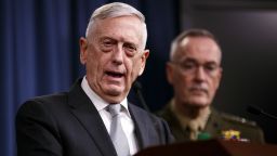 Defense Secretary James Mattis, joined by Joint Chiefs Chairman Gen. Joseph Dunford, speaks at the Pentagon, Friday, April 13, 2018, on the US military response, along with France and Britain, to Syria's chemical weapon attack on April 7.​ (AP Photo/Carolyn Kaster)