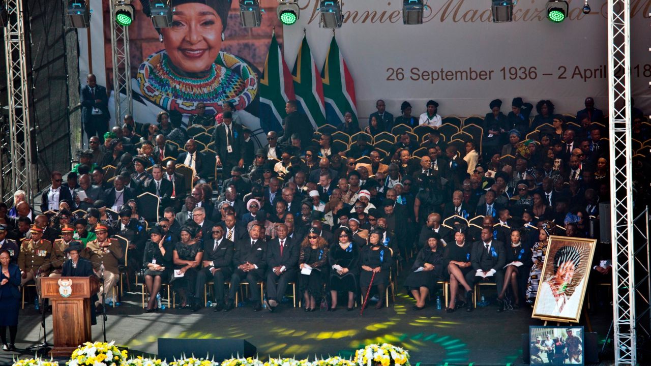 Family and officials gather at Soweto's Orlando stadium for the funeral service of anti-apartheid icon Winnie Madikizela-Mandela in Soweto, South Africa, on Saturday.