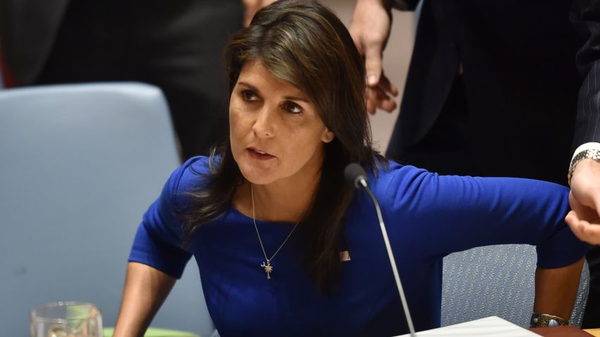 US Ambassador to the United Nations, Nikki Haley,  arrives for a UN Security Council meeting, at United Nations Headquarters in New York, on April 14, 2018.
The UN Security Council on Saturday opened a meeting at Russia's request to discuss military strikes carried out by the United States, France and Britain on Syria in response to a suspected chemical weapons attack. Russia circulated a draft resolution calling for condemnation of the military action, but Britain's ambassador said the strikes were "both right and legal" to alleviate humanitarian suffering in Syria.
 / AFP PHOTO / HECTOR RETAMAL        (Photo credit should read HECTOR RETAMAL/AFP/Getty Images)