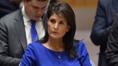 US Ambassador to the UN Nikki Haley listens during a UN Security Council meeting, at the United Nations Headquarters in New York, on April 14, 2018.
The UN Security Council on Saturday opened a meeting at Russia's request to discuss military strikes carried out by the United States, France and Britain on Syria in response to a suspected chemical weapons attack. Russia circulated a draft resolution calling for condemnation of the military action, but Britain's ambassador said the strikes were "both right and legal" to alleviate humanitarian suffering in Syria.
/ AFP PHOTO / HECTOR RETAMAL (Photo credit should read HECTOR RETAMAL/AFP/Getty Images)