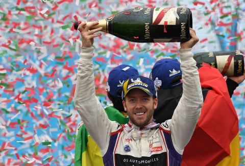 Bird celebrates on the podium after claiming victory at April's Rome ePrix -- the sixth round of the season.