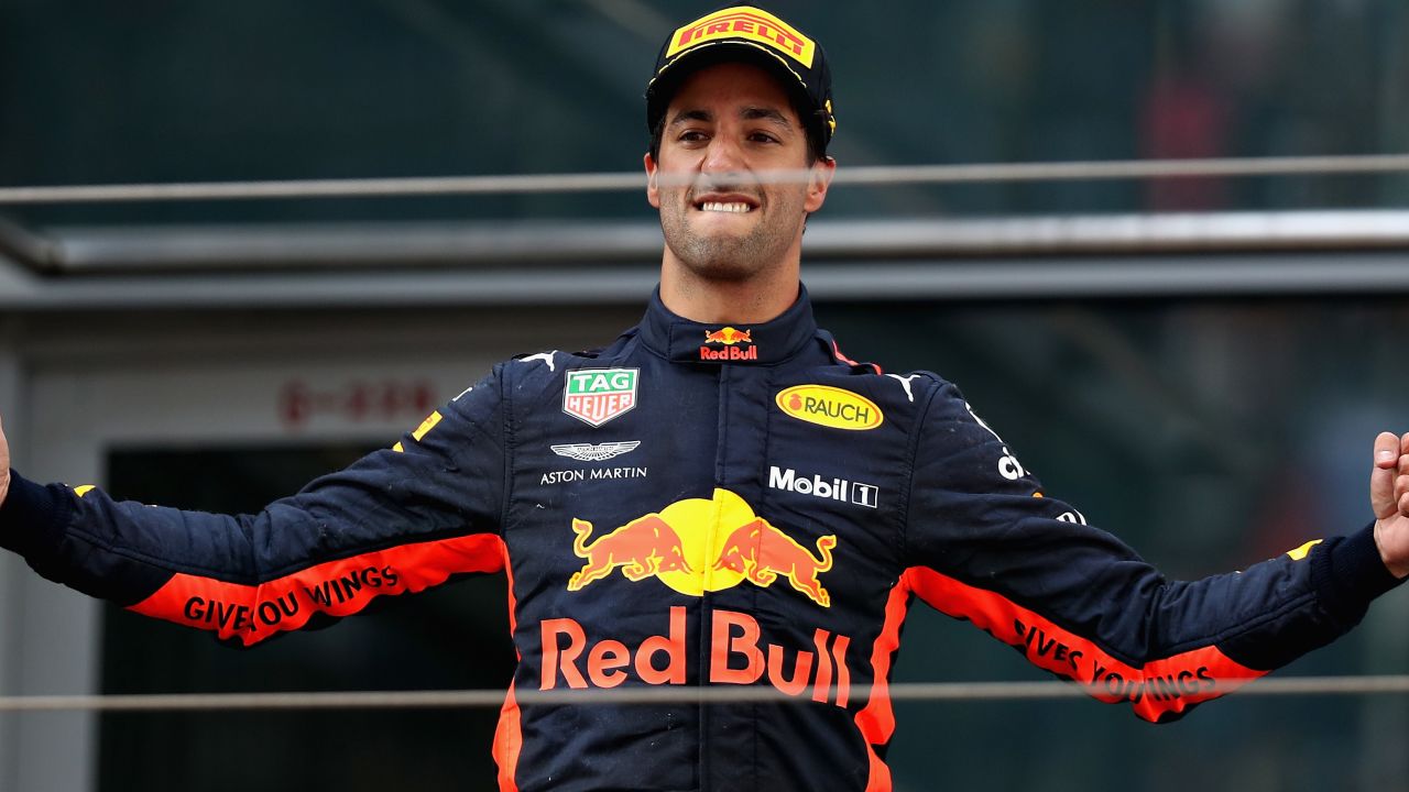 Race winner Daniel Ricciardo of Australia and Red Bull Racing celebrates on the podium after the Chinese Grand Prix in Shanghai.