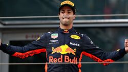 Race winner Daniel Ricciardo of Australia and Red Bull Racing celebrates on the podium after the Chinese Grand Prix in Shanghai.