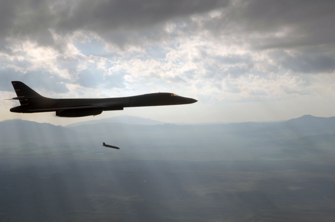 A US B-1 bomber releases a JASSM missile like the ones fired against Syria early Saturday.