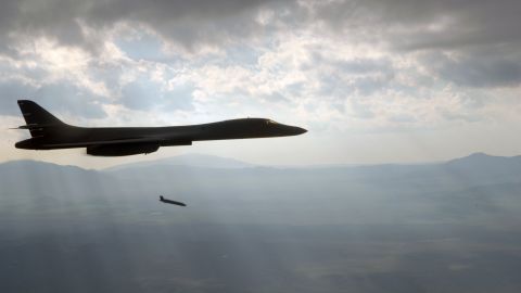 A US B-1 bomber releases a JASSM missile like the ones fired against Syria early Saturday.