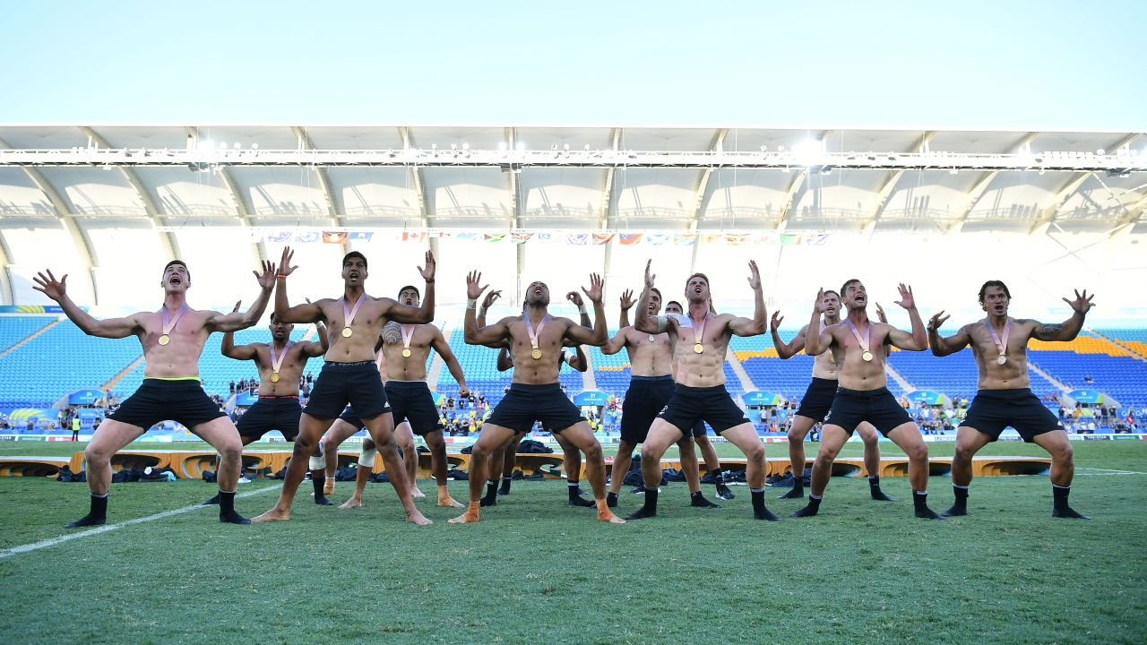 Gold medalists New Zealand perform a haka or traditional Maori war dance.