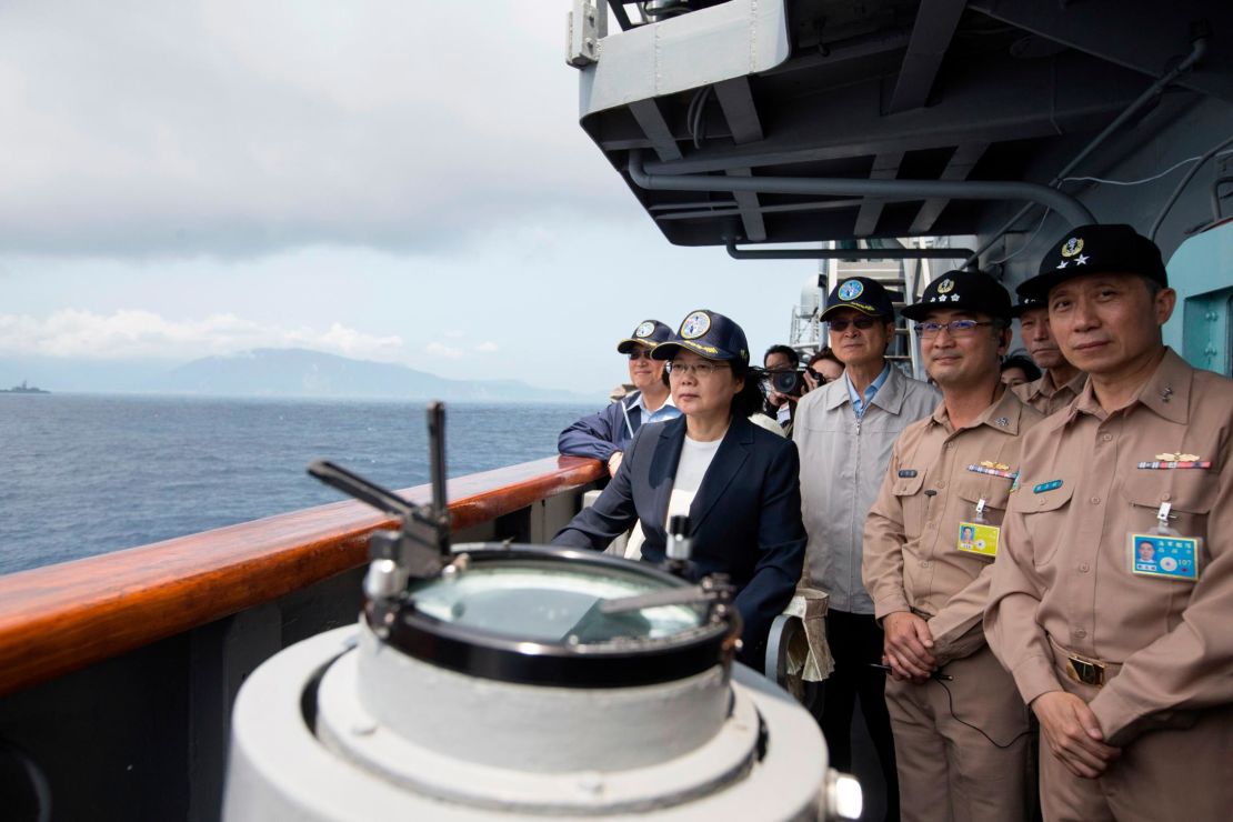 Taiwan's President Tsai Ing-wen inspects on a Kidd-class destroyer during a navy exercise on April 13.