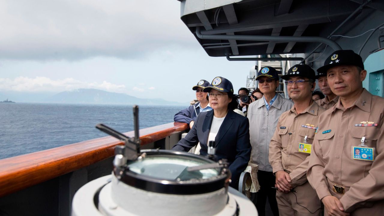 Taiwan's President Tsai Ing-wen inspects on a Kidd-class destroyer during a navy exercise on April 13.