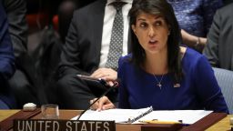 NEW YORK, NY - APRIL 14: United States Ambassador to the United Nations Nikki Haley speaks during a United Nations Security Council meeting concerning the situation in Syria, at United Nations headquarters, April 14, 2018 in New York City.  Yesterday the United States and European allies Britain and France launched airstrikes in Syria as punishment for Syrian President Bashar al-Assad's suspected role in last week's chemical weapons attacks that killed upwards of 40 people. (Photo by Drew Angerer/Getty Images)