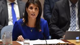 US Ambassador to the UN Nikki Haley speaks during UN Security Council meeting, at United Nations Headquarters in New York, on April 14, 2018.
The UN Security Council on Saturday opened a meeting at Russia's request to discuss military strikes carried out by the United States, France and Britain on Syria in response to a suspected chemical weapons attack. Russia circulated a draft resolution calling for condemnation of the military action, but Britain's ambassador said the strikes were "both right and legal" to alleviate humanitarian suffering in Syria.
 / AFP PHOTO / HECTOR RETAMALHECTOR RETAMAL/AFP/Getty Images