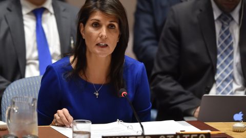 US Ambassador to the UN Nikki Haley speaks during UN Security Council meeting, at United Nations Headquarters in New York, on April 14, 2018.
The UN Security Council on Saturday opened a meeting at Russia's request to discuss military strikes carried out by the United States, France and Britain on Syria in response to a suspected chemical weapons attack. Russia circulated a draft resolution calling for condemnation of the military action, but Britain's ambassador said the strikes were "both right and legal" to alleviate humanitarian suffering in Syria.
/ AFP PHOTO / HECTOR RETAMALHECTOR RETAMAL/AFP/Getty Images