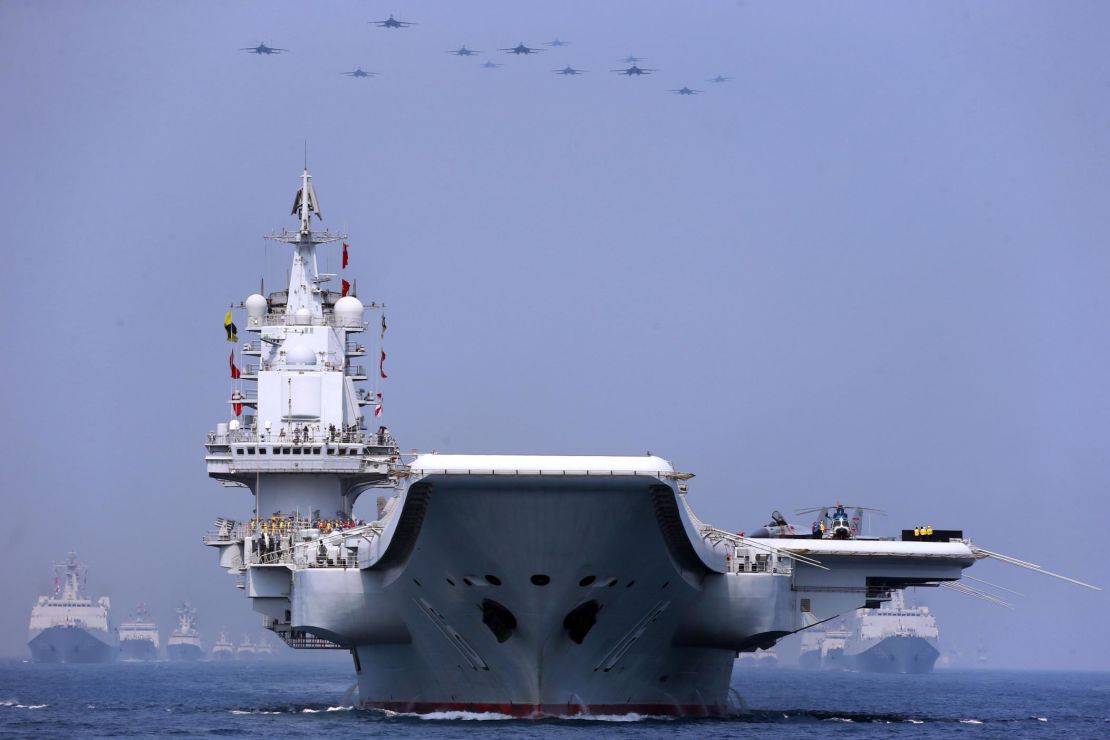 The aircraft carrier Liaoning in the maritime parade conducted by the Chinese PLA Navy in the South China Sea on April 12.