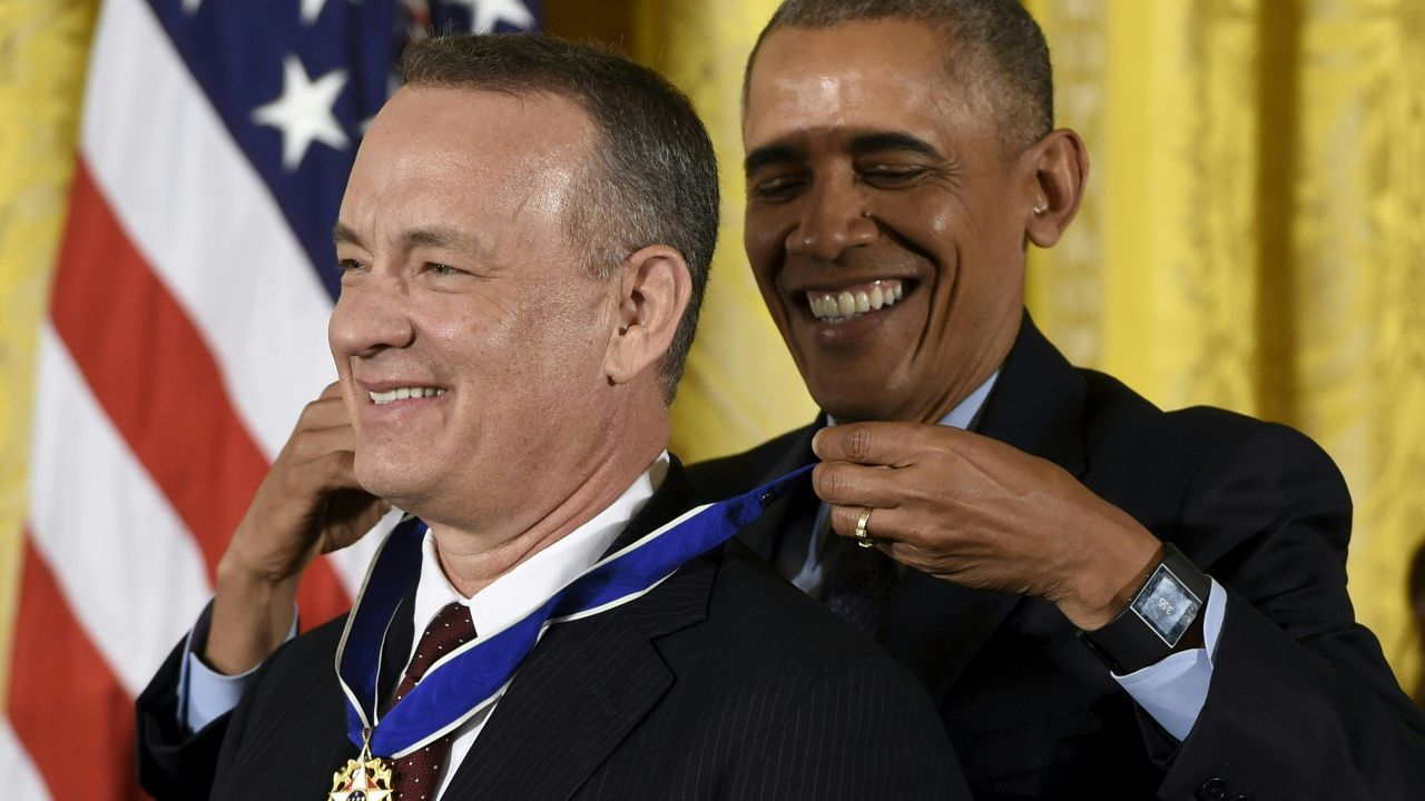 Hanks receives the Presidential Medal of Freedom, the nation's highest civilian honor, in November 2016. "From a Philadelphia courtroom, to Normandy's beachheads, to the dark side of the moon, he has introduced us to America's unassuming heroes," President Obama said at the ceremony.