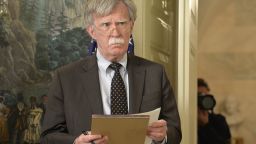 National Security Advisor John Bolton listens to remarks by U.S. President Donald Trump as he speaks to the nation, announcing military action against Syria for the recent apparent gas attack on its civilians, at the White House, on April 13, 2018, in Washington, DC. (Mike Theiler - Pool/Getty Images)