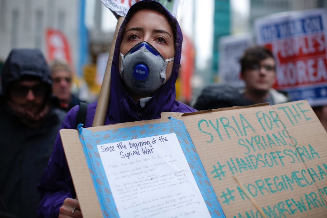 Demonstrators in New York stage an anti-war protest on April 15 after President Donald Trump launched airstrikes in Syria.