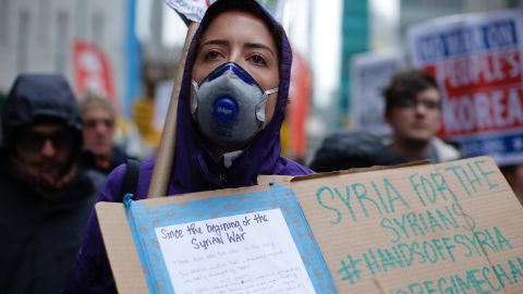 Demonstrators in New York stage an anti-war protest on April 15 after President Donald Trump launched airstrikes in Syria.