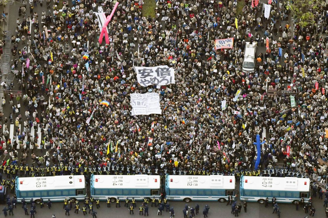 Photo taken from a Kyodo News helicopter on April 14, 2018, shows about 30,000 people gathered in front of the Diet building to seek Prime Minister Shinzo Abe's resignation in the wake of a string of recent scandals.