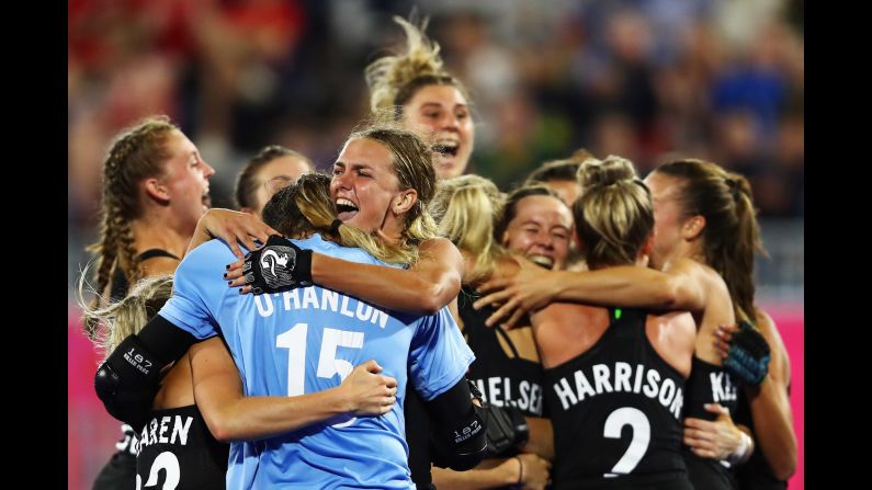 New Zealand celebrates victory in the women's semifinal field hockey match after a penalty shoot-out against England on day eight of the Commonwealth Games on the Gold Coast in Australia on Thursday, April 12.