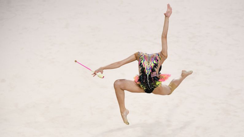 Malaysia's Izzah Amzan competes in the clubs event of the rhythmic gymnastics team final and individual qualification during the Commonwealth Games on the Gold Coast in Australia on Wednesday, April 11.