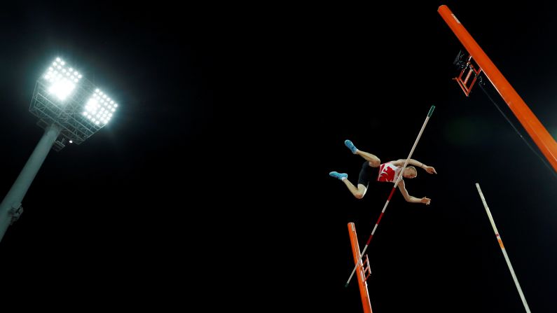 Adam Hague of England competes in the men's pole vault final on Thursday, April 12, at the Commonwealth Games on the Gold Coast in Australia.