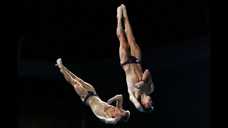 English diving duo Jack Haslam and Ross Haslam compete in the men's synchronised 3 meter springboard diving final on day nine of the Commonwealth Games on the Gold Coast in Australia on Friday, April 13.