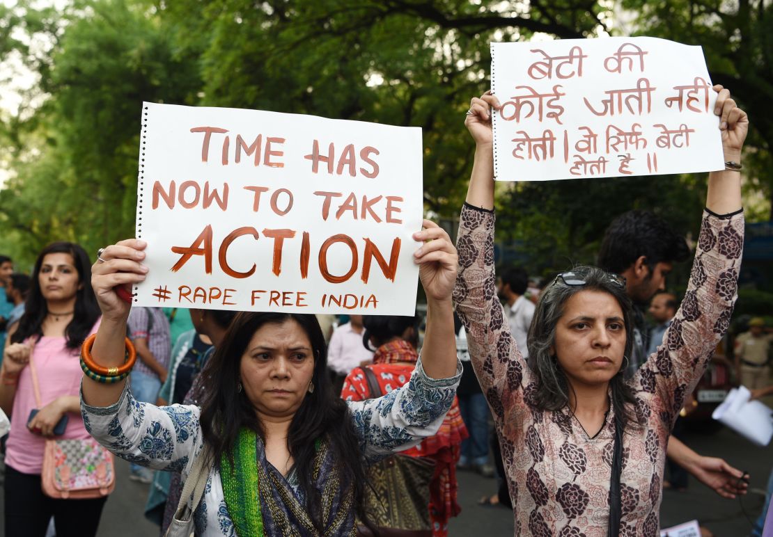 Indian demonstrators stage a silent protest in New Delhi Sunday in support of rape victims following high profile cases in Jammu and Kashmir and Uttar Pradesh states.