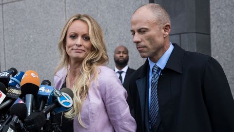 NEW YORK, NY - APRIL 16: (L to R) Adult film actress Stormy Daniels (Stephanie Clifford) and Michael Avenatti, attorney for Stormy Daniels, speak to the media as they exit the United States District Court Southern District of New York for a hearing related to Michael Cohen, President Trump's longtime personal attorney and confidante, April 16, 2018 in New York City. (Photo by Drew Angerer/Getty Images)