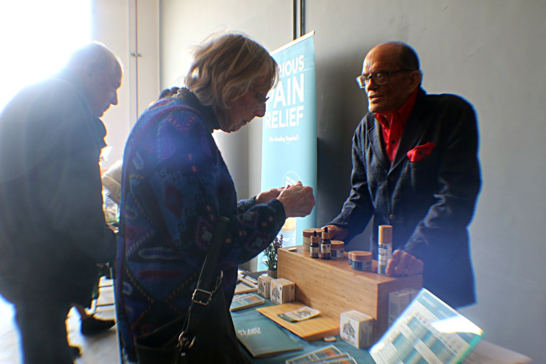 Donald Wright, who describes himself as the senior brand ambassador for a cannabis product, explains it to some of the seniors.