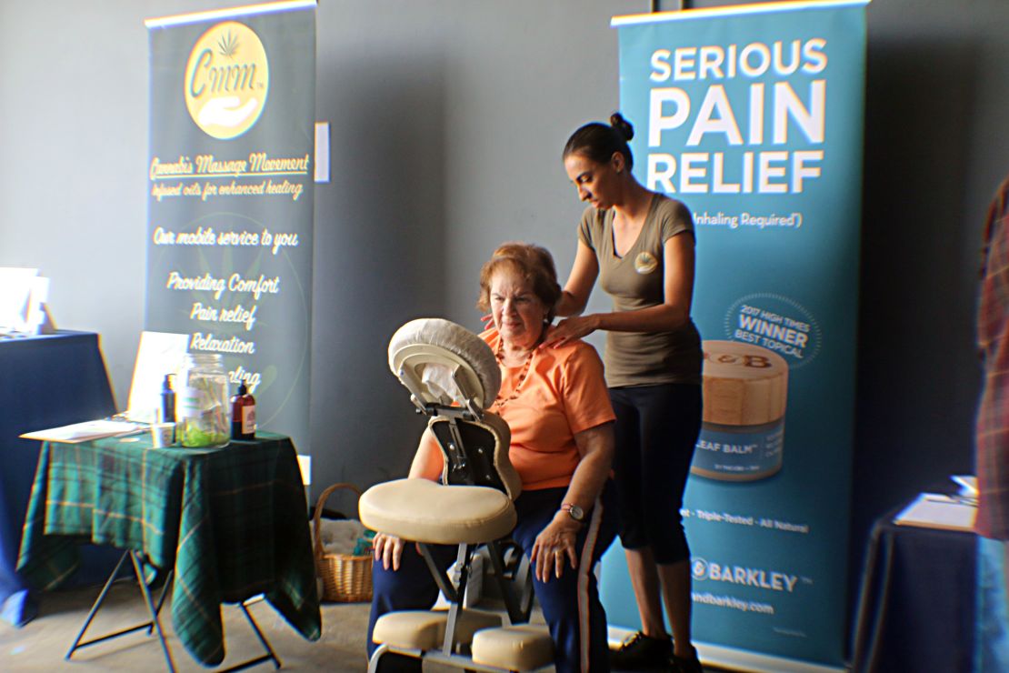 Anne Lustig gets a massage with cannabis oil.