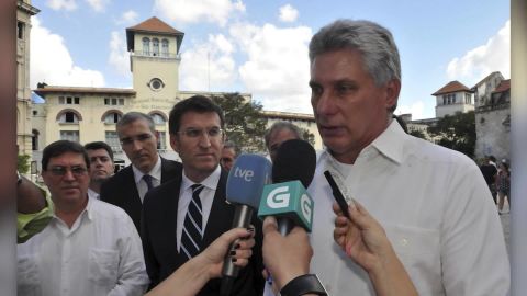 Miguel Díaz-Canel speaks with reporters after voting in the National Assembly elections in March.