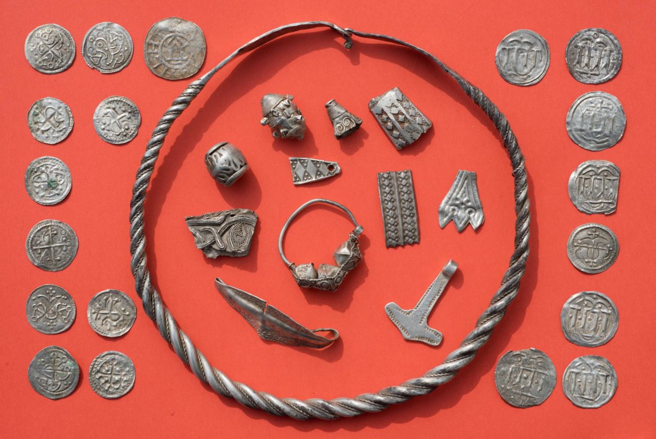 Parts of the silver treasure unearthed in Schaprode, northern Germany. Some of the rings, coins and brooches belonged to the Danish King Harald Bluetooth.