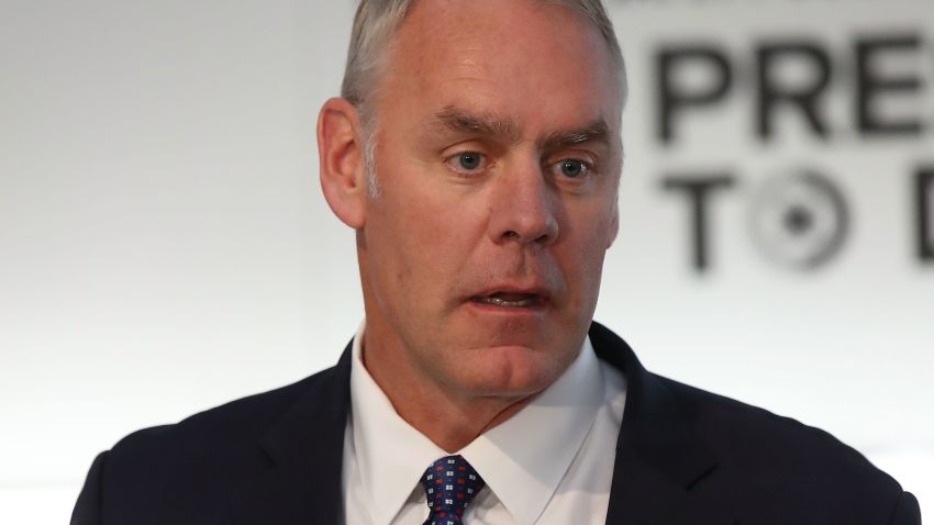 Interior Secretary Ryan Zinke, speaks during the unveiling of "Prescribed to Death" a Memorial to the victims of the opioid crisis, temporally located on the Ellipse at PresidentÕs Park, on April 11, 2018 in Washington, DC. (Mark Wilson/Getty Images)