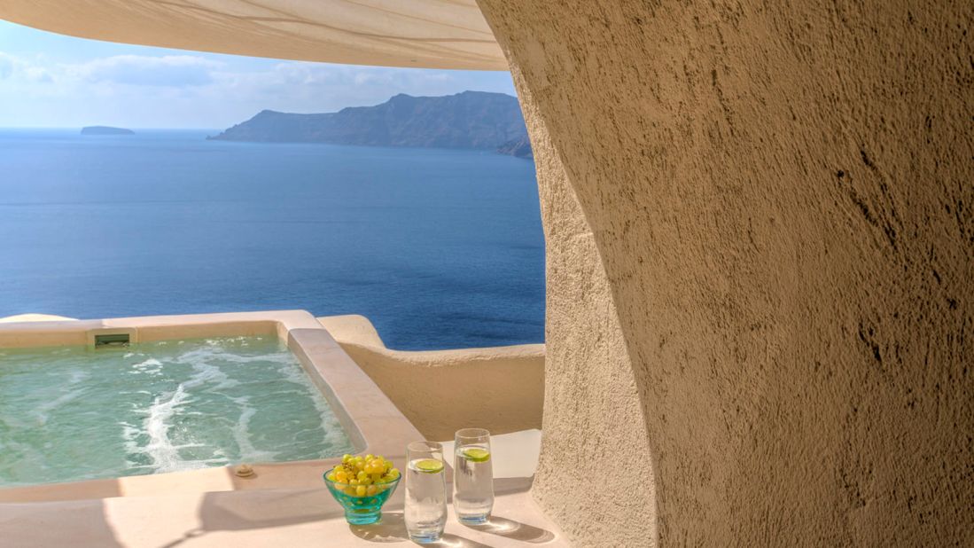 <strong>Mystique Santorini: </strong>Clinging to the cliffs in Oia, each of the cavern-like rooms at the luxurious Mystique Santorini features a terrace (and many, a jetted tub).