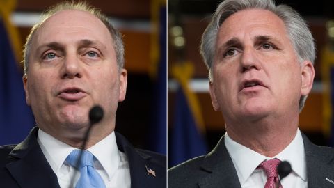 House Majority Whip Steve Scalise, a Louisiana Republican, is pictured at left, at Right House Majority Leader Kevin McCarthy, a California Republican.